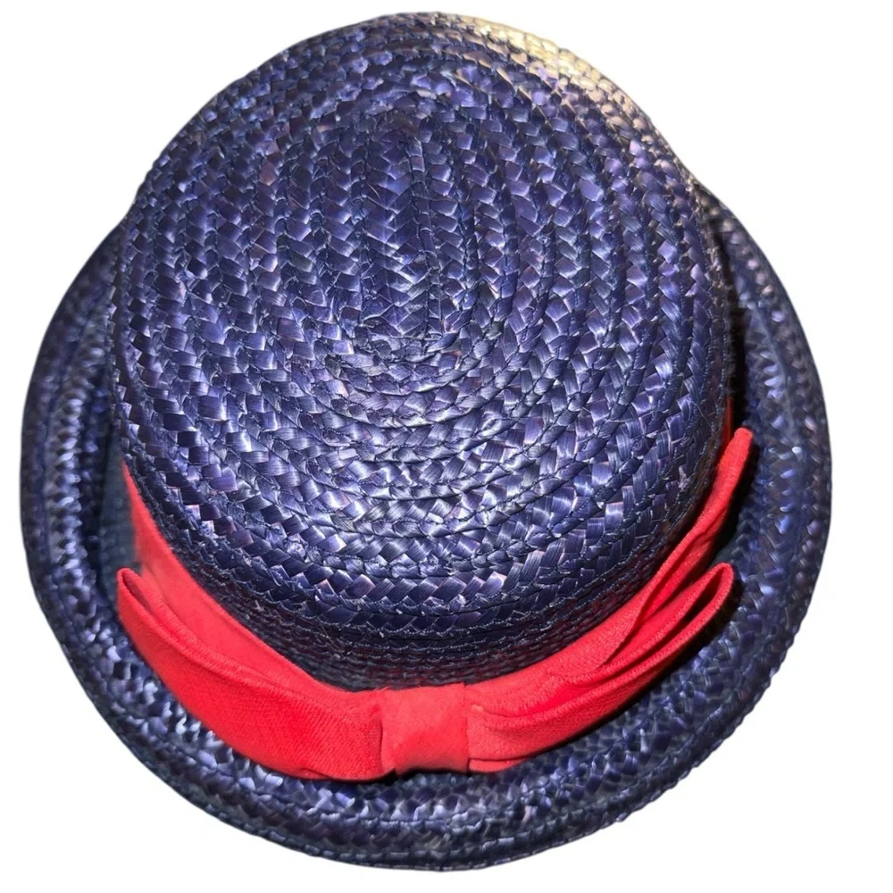 Vintage Navy Blue Straw Boater Hat Red Ribbon Band Retro Old Money Style Fedora